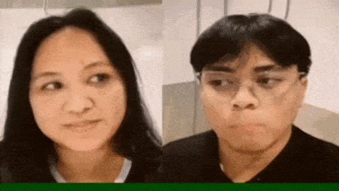 a woman and a man are making funny faces while looking at the camera .