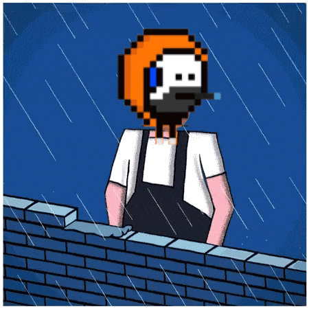 a pixel art illustration of a man standing on a brick wall in the rain