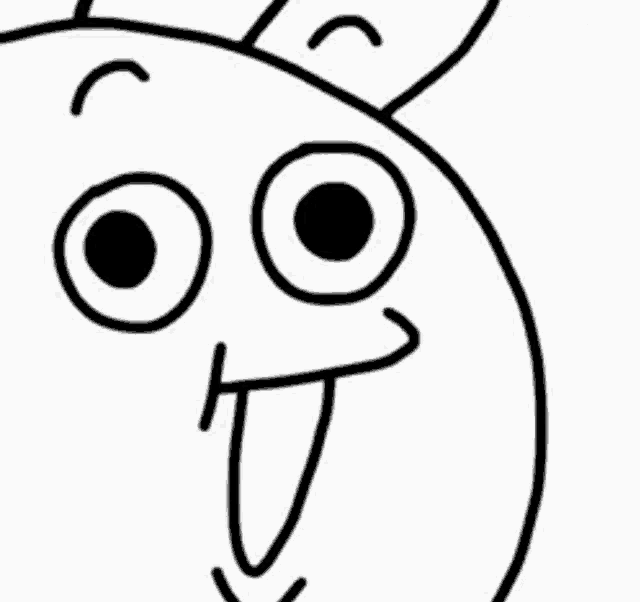 a black and white drawing of a cartoon character 's face with its tongue out .