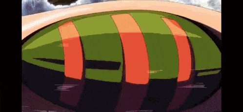 a close up of a cartoon character 's eye with a green and orange stripe on it