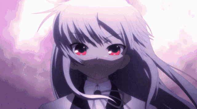 a girl with long white hair and red eyes is looking at the camera
