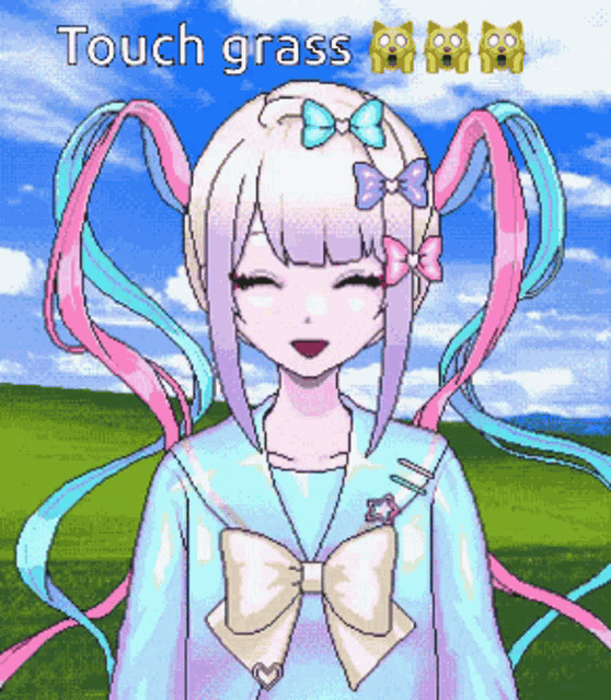 a pixel art drawing of a girl with pigtails and the words touch grass below her