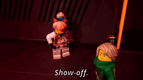 a ninjago character says show-off while another character looks on