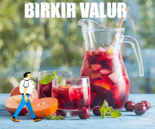 a man with a backpack walks in front of a pitcher of drink with the word birkir valur above it