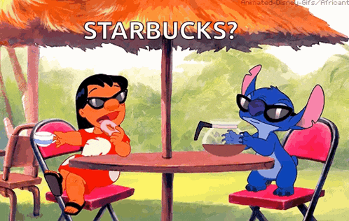 a cartoon of stitch and lilo sitting at a table under an umbrella with the words starbucks below them