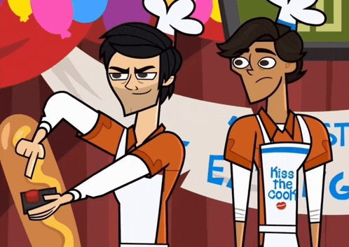 two cartoon characters wearing aprons that say " kiss the cook "