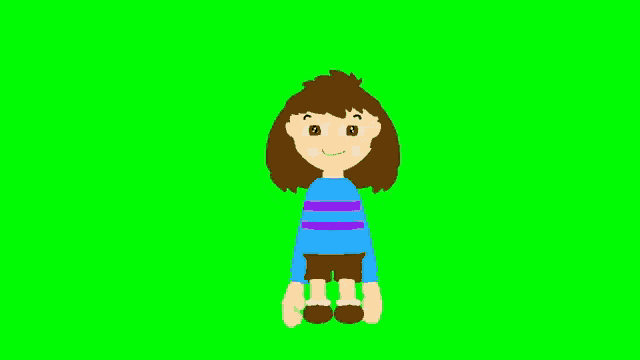 a cartoon girl is standing on a green screen with her arms outstretched and smiling .
