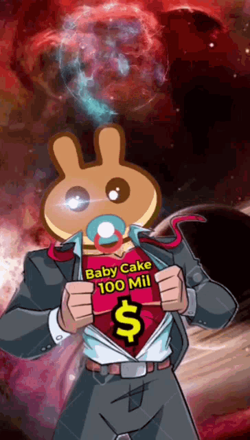 a cartoon character holding a baby cake 100 mil card