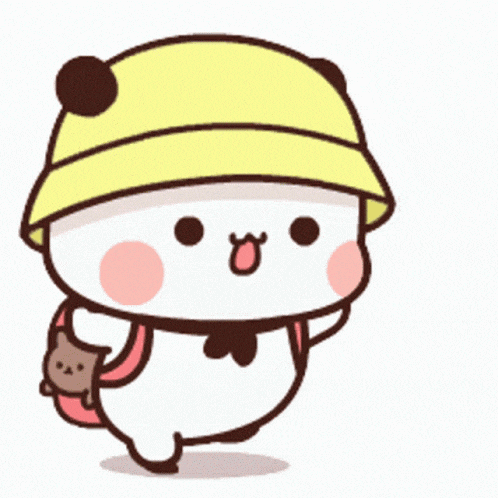 a cartoon panda bear wearing a yellow hat and holding a backpack .