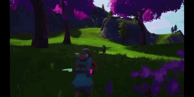 a video game scene with a purple tree and a yellow circle in the middle .