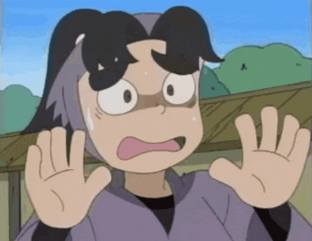 a cartoon character with a surprised look on his face and his hands up