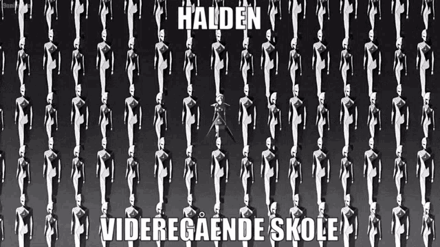 a black and white photo of a row of mannequins with the words halden underneath them
