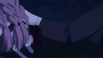 a person with purple hair is holding a black rose in their hand