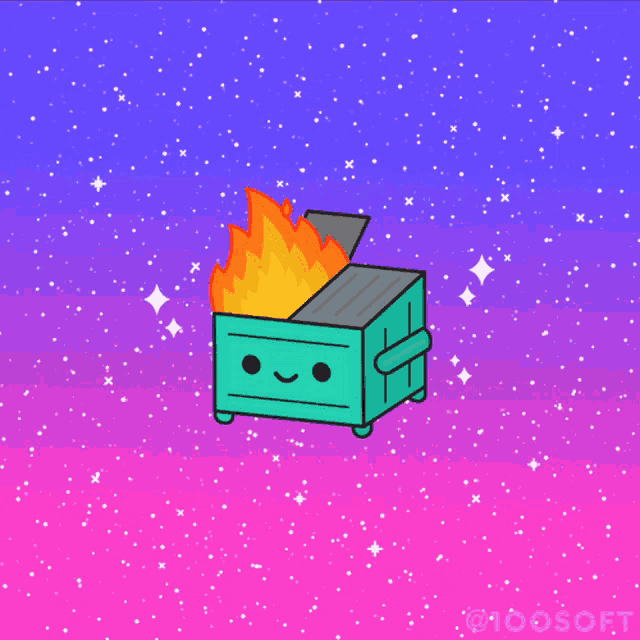 a dumpster with a fire coming out of it and the word 100soft on the bottom