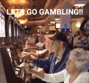 a group of elderly people playing slot machines with the words let 's go gambling below them