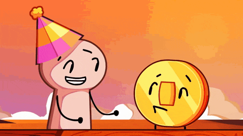 a cartoon character wearing a party hat next to a coin