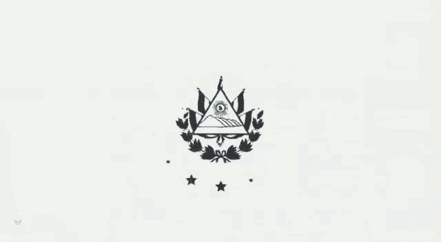 a black and white emblem with a triangle and stars on a white background .