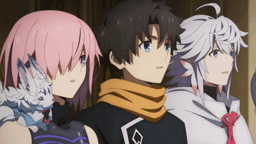 three anime characters are standing next to each other and one has a cat on her shoulder