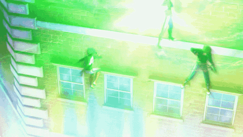 a couple of people standing on the side of a building with green light coming out of them