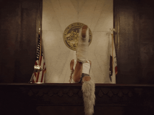 a woman stands in front of a seal that says the seal of the state of california