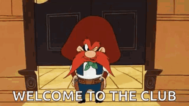 a cartoon character is standing in front of a door .