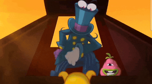 a cartoon character wearing a top hat is standing next to a yellow monster