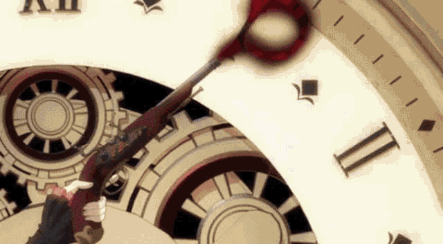 a person is holding a gun in front of a clock with roman numerals i and ii