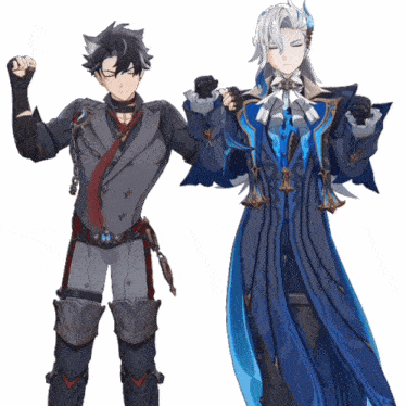 two anime characters standing next to each other with one wearing a blue dress