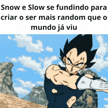 a cartoon character with the words snow e slow se fundindo para criar o ser mais random que mundo ja viu on the bottom