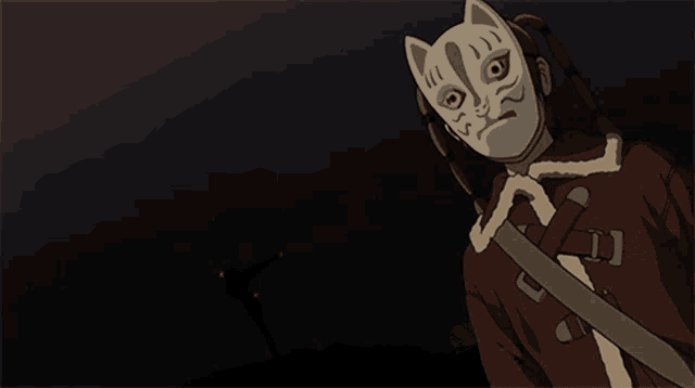 a person with a cat mask on their face holding a sword