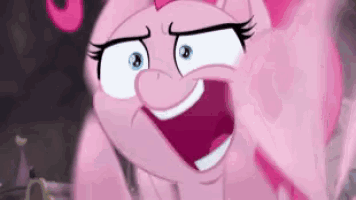 pinkie pie from my little pony is making a funny face with her mouth wide open .