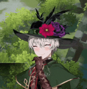 a cartoon character wearing a green cape and a hat with flowers on it