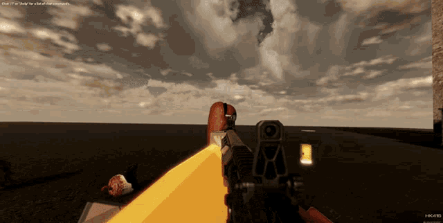 a screenshot of a video game shows a person holding a rifle with a yellow light coming out of it