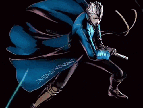 a man in a blue cape is holding a sword in a dark room