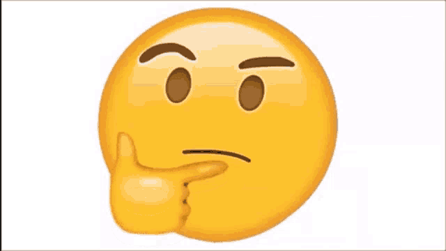 a yellow smiley face with a hand on its chin