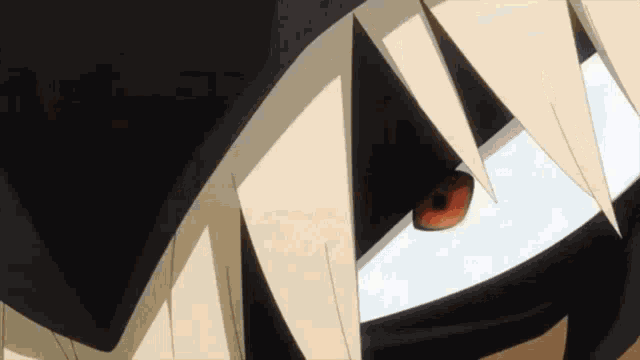 a close up of a person 's face with a red eye