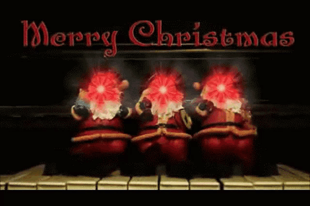 a merry christmas greeting card with three santas playing piano