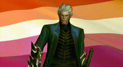 a man in a blue suit is holding a sword in front of a pink and orange flag .