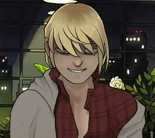 a cartoon of a man with blonde hair and a plaid shirt is smiling .