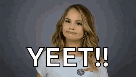 a woman is making a face and saying yeet .