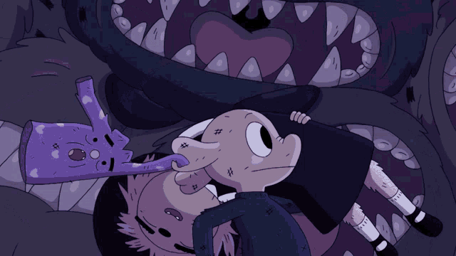 a cartoon drawing of a boy and a girl with a monster behind them