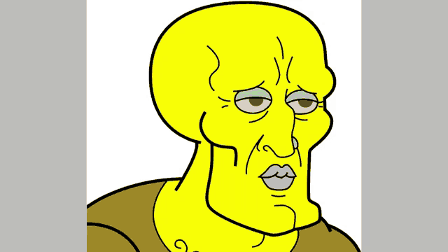 a cartoon drawing of squidward from spongebob squarepants has a sad look on his face