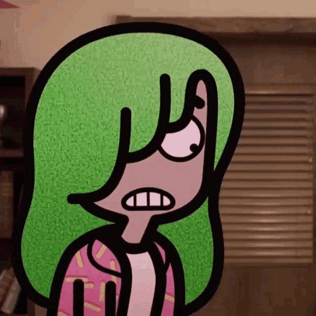 a cartoon of a girl with green hair making a face