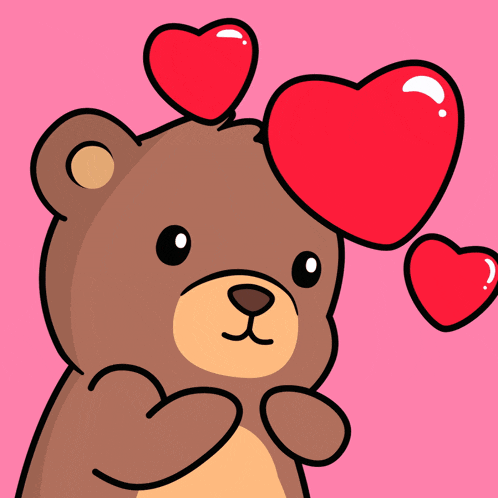 a brown teddy bear with hearts on its head