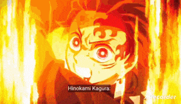 a close up of a person 's face with flames coming out of it and the words hinokami kagura .