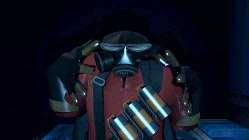 a man in a gas mask and gloves holds a bunch of cans in his hands