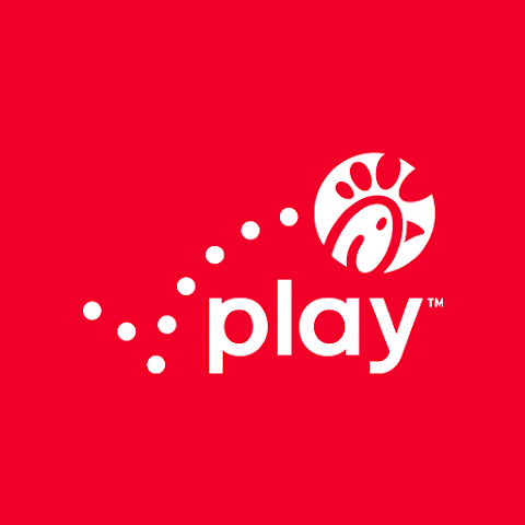 chick-fil-a play logo on a red background with white dots