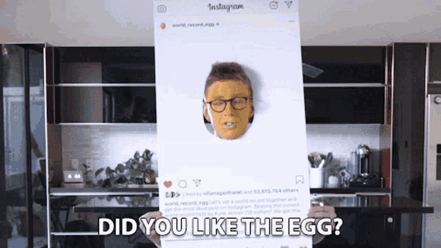 a person holding up a picture of a man with glasses and a mask on their face and the caption did you like the egg