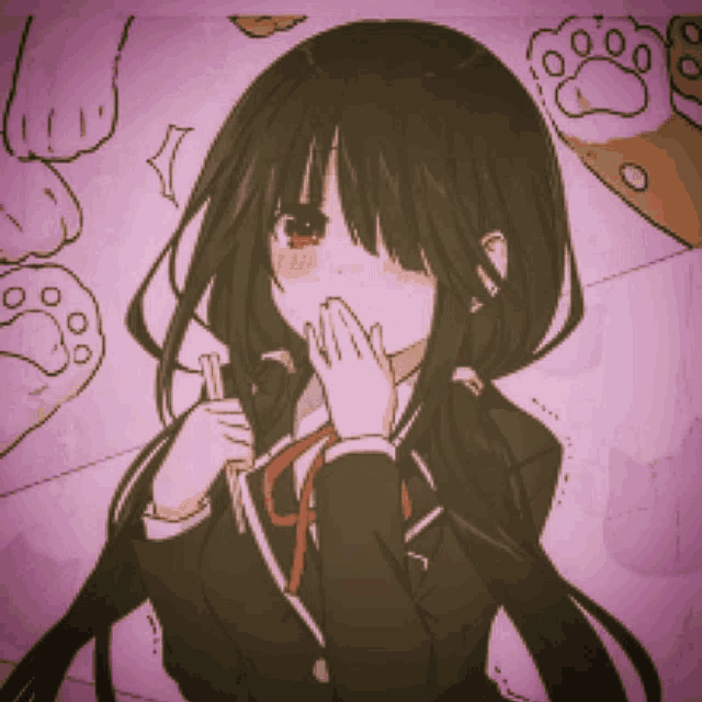 a girl with long black hair covering her mouth with her hands