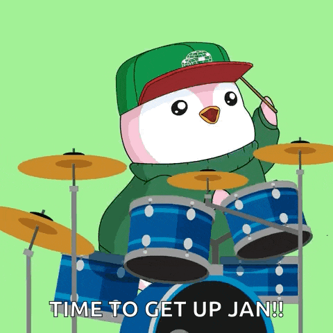 a cartoon penguin is playing drums with the words time to get up jan